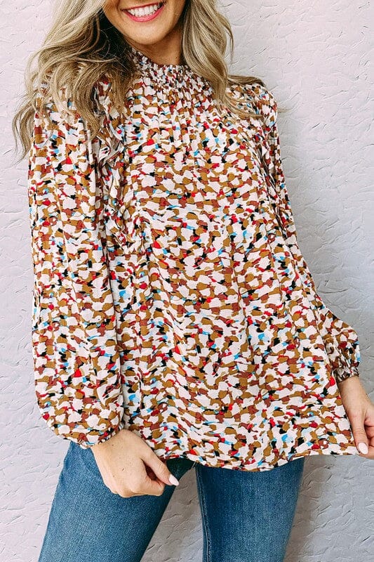 Caramel Spotted Mock Neck Top Shewin