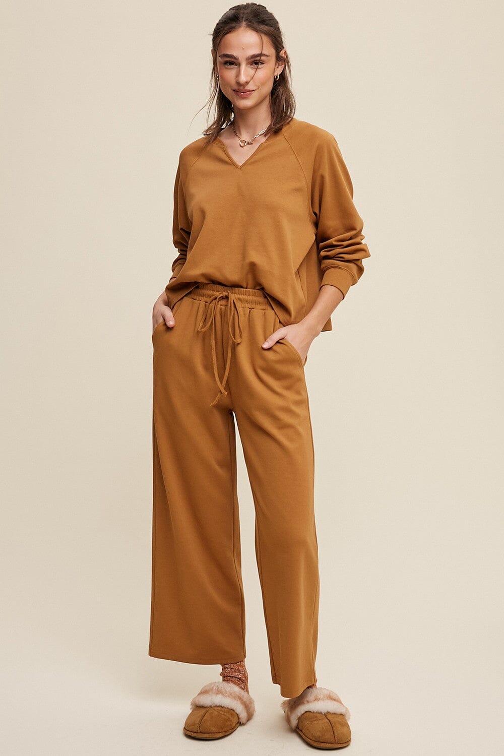 Caramel V-neck Sweatshirt and Pants Set listicle