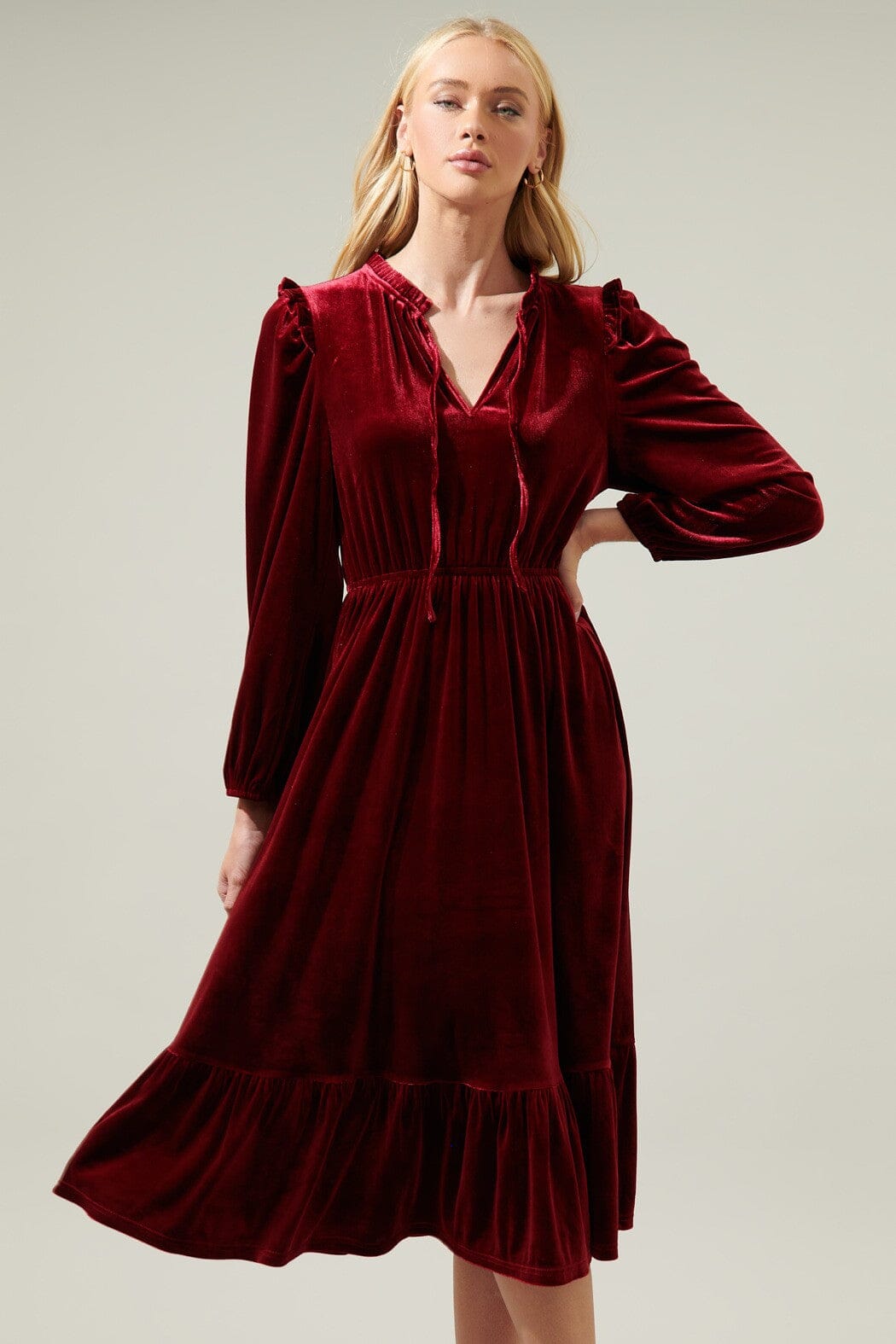 Charleston Ruffle Velvet Midi Dress Sugarlips
