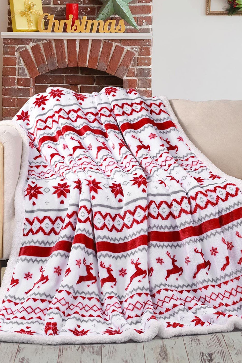 Christmas Elk Geometric Knit Flannel Blanket Shewin