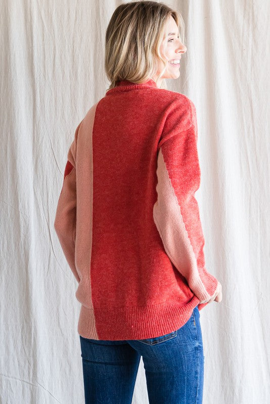 Colorblock Knit Mock Neck Pullover Jodifl