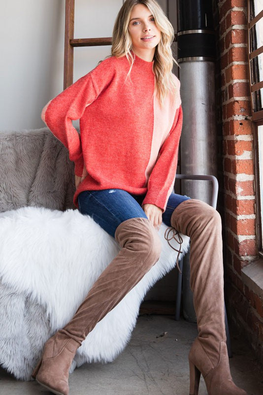 Colorblock Knit Mock Neck Pullover Jodifl