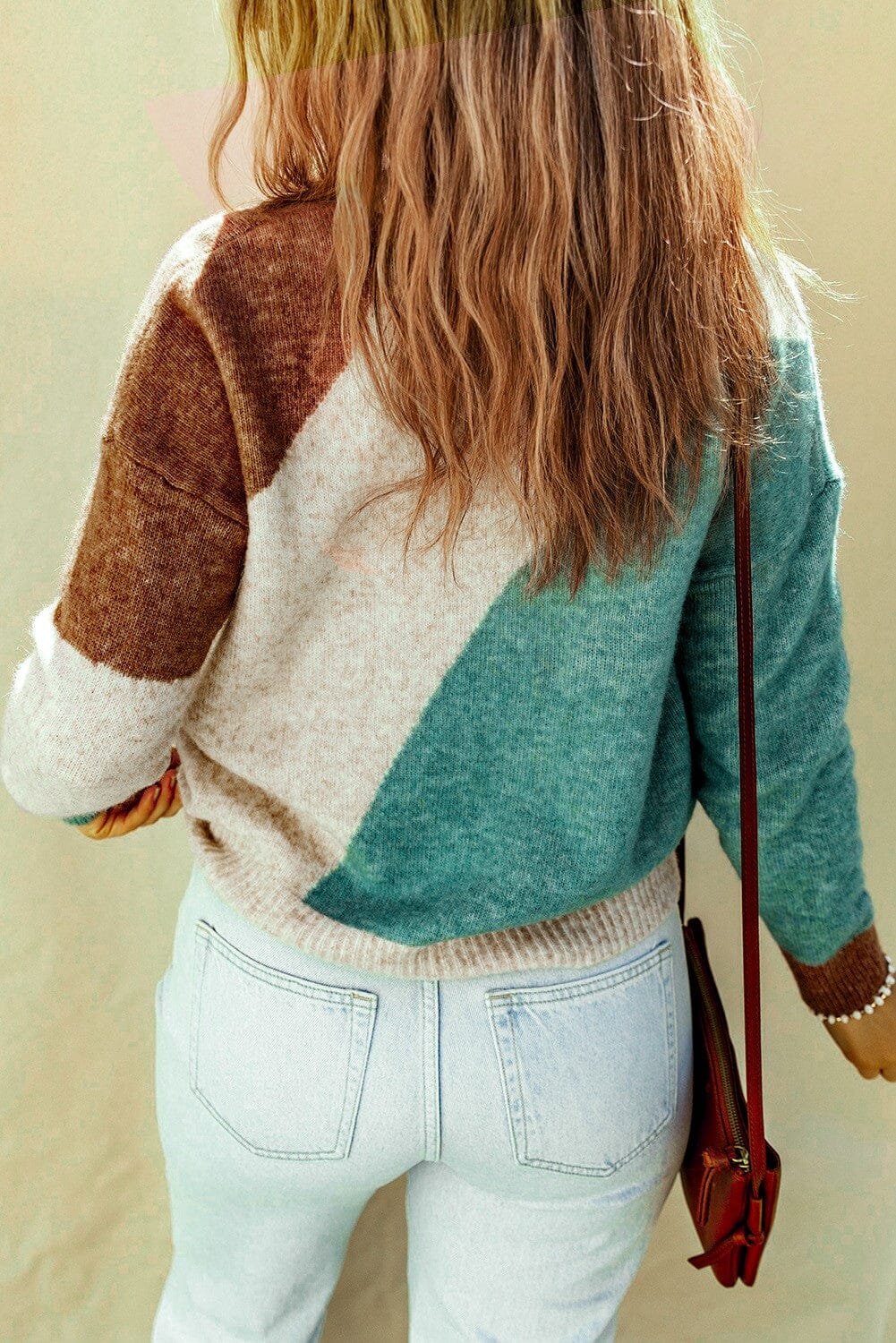 Colorblock Ribbed Trim Round Neck Sweater Kentce