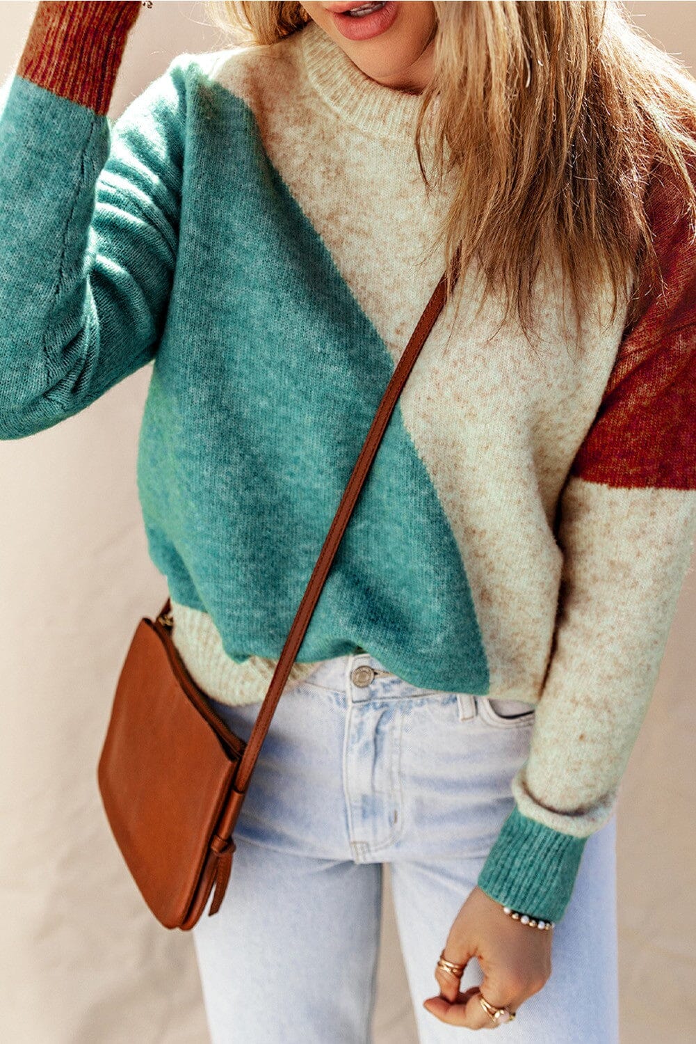 Colorblock Ribbed Trim Round Neck Sweater Shiying