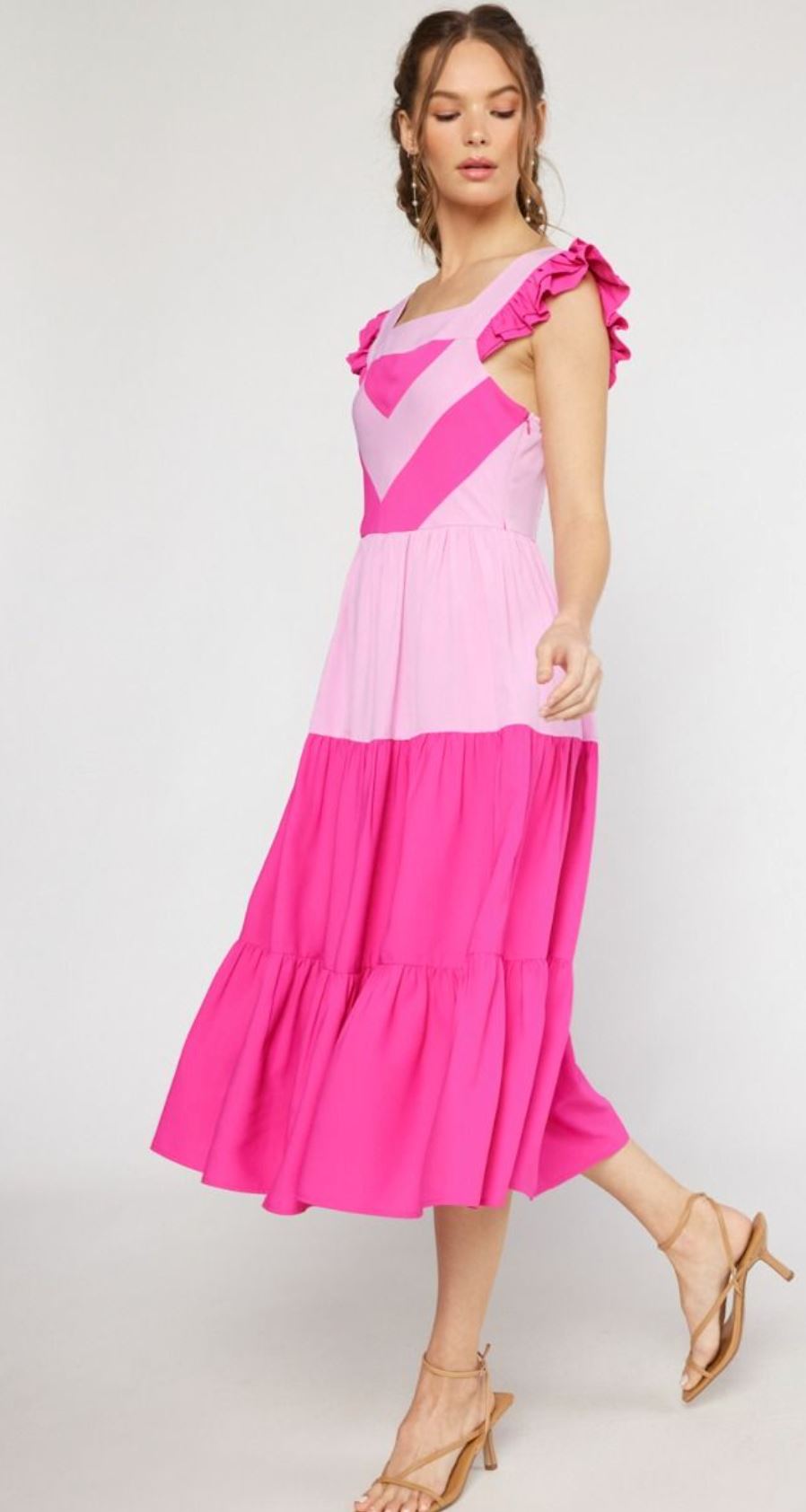 Colorblock Square Neck Pink Maxi entro