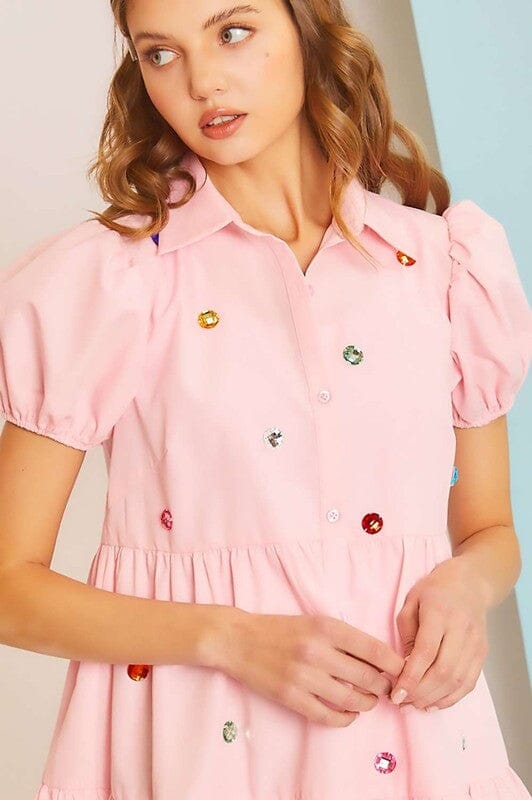 Colored Stone Tiered Poplin Dress Blue B