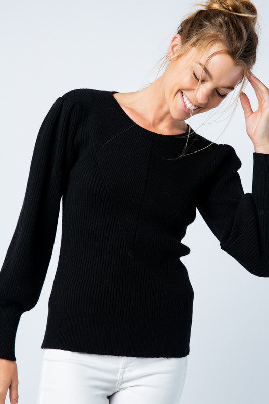 Contrasting Ribbed Puff Sleeve Sweater &merci