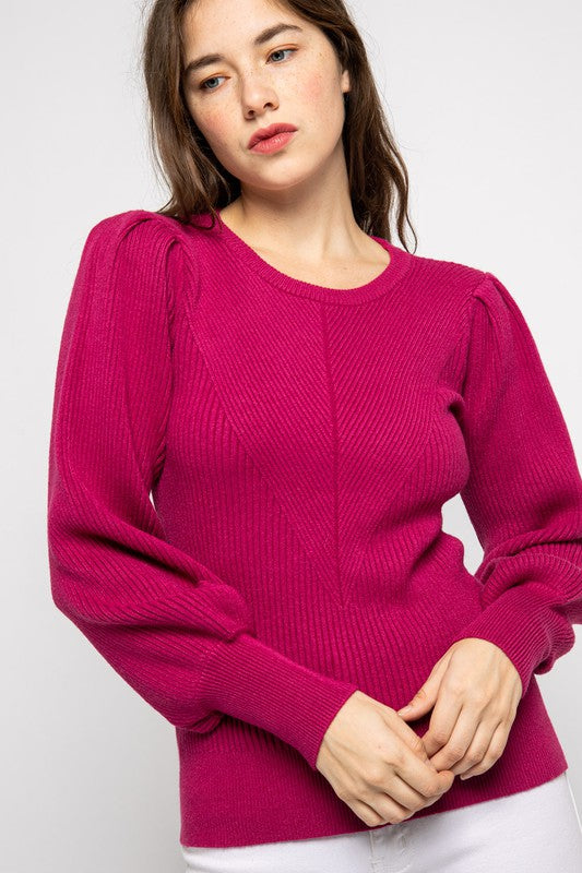 Contrasting Ribbed Puff Sleeve Sweater &merci