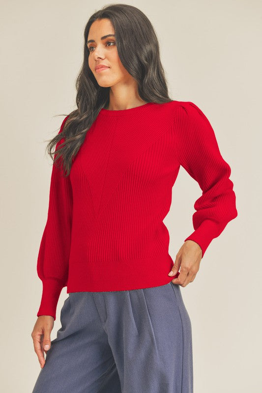 Contrasting Ribbed Puff Sleeve Sweater &merci