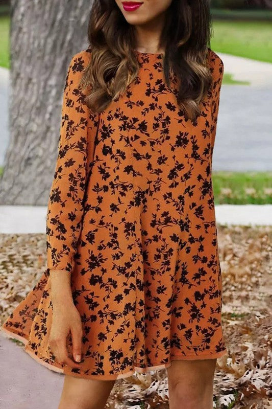 Copper and Black Floral Swing Dress Kentce