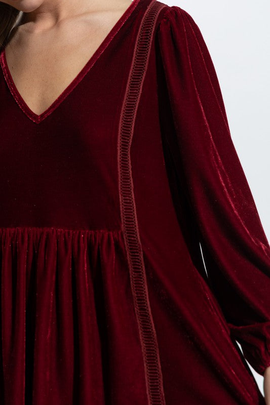 Cranberry Velvet Dress with Lattice Detail cozy co.