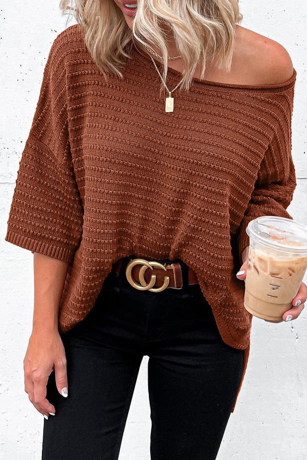 Dotty Textured Knit Drop Shoulder Tee Shiying