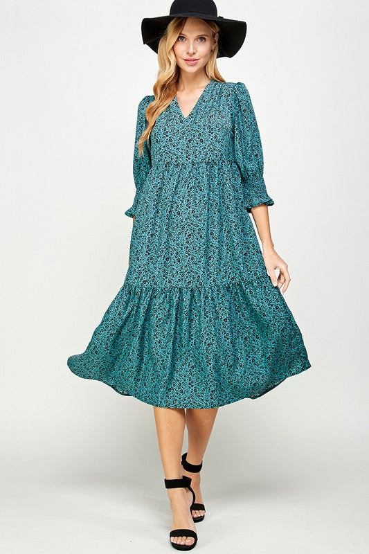 Emerald Floral Smocked Puff Sleeve Midi Solution