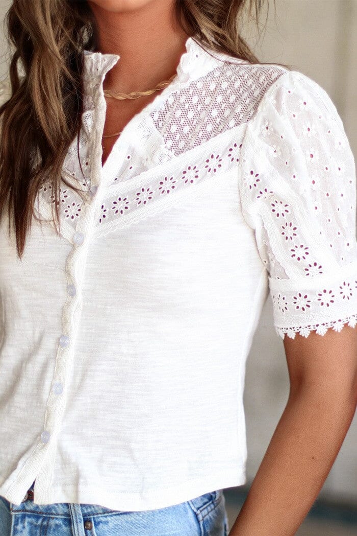 Eyelet Lace Short Puff Sleeve Shirt pretty bash