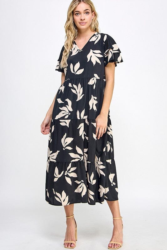 Fall Floral Ruffle Sleeve Midi 2 hearts