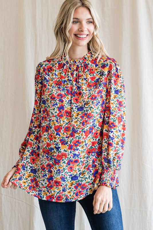 Fall Floral Top with Smocked Wrist Detail Jodifl