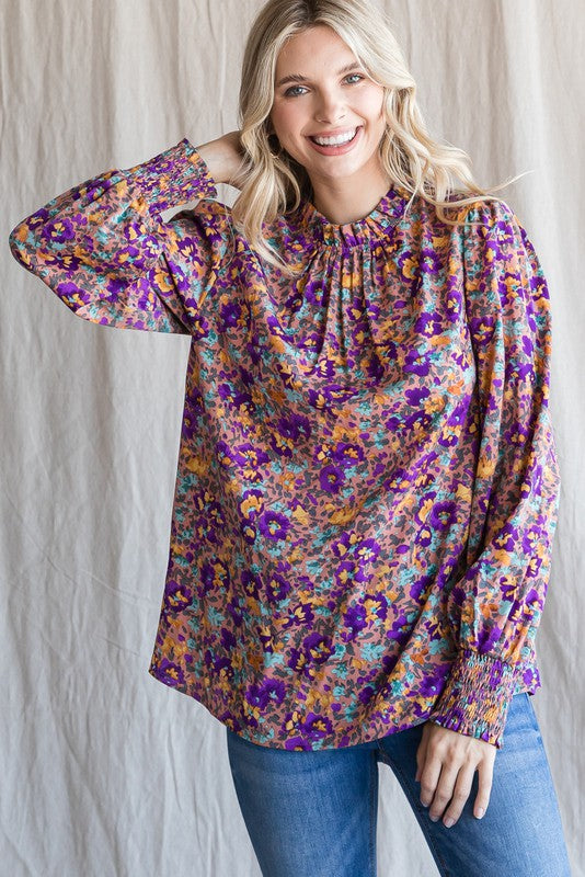 Fall Floral Top with Smocked Wrist Detail Jodifl