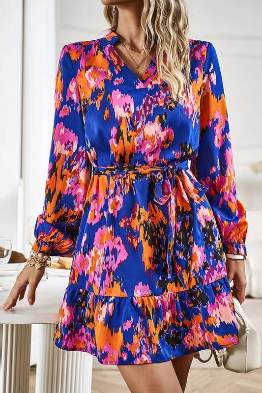 Fall Watercolor Tie Waist Dress supreme fashion