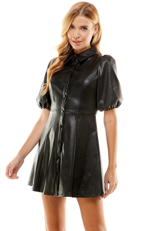 Faux Leather Bubble Sleeve Dress TCEC