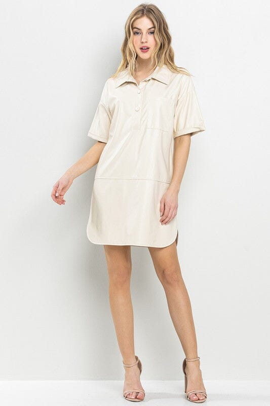 Faux Leather Popover Collared Dress TCEC
