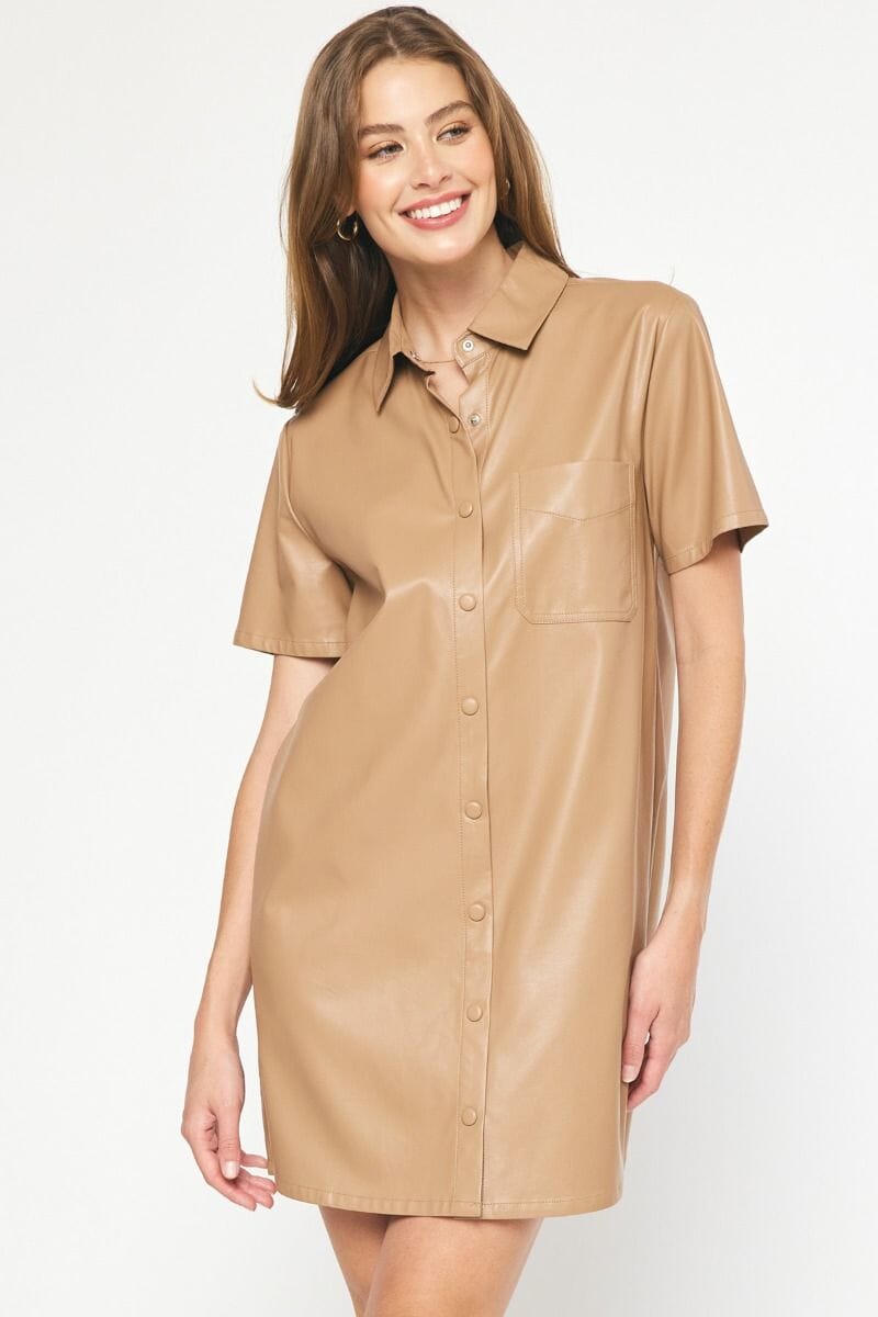 Faux Leather Shirt Dress SNAP-Something New And Pretty Faux Leather Shirt Dress SNAP-Something New And Pretty