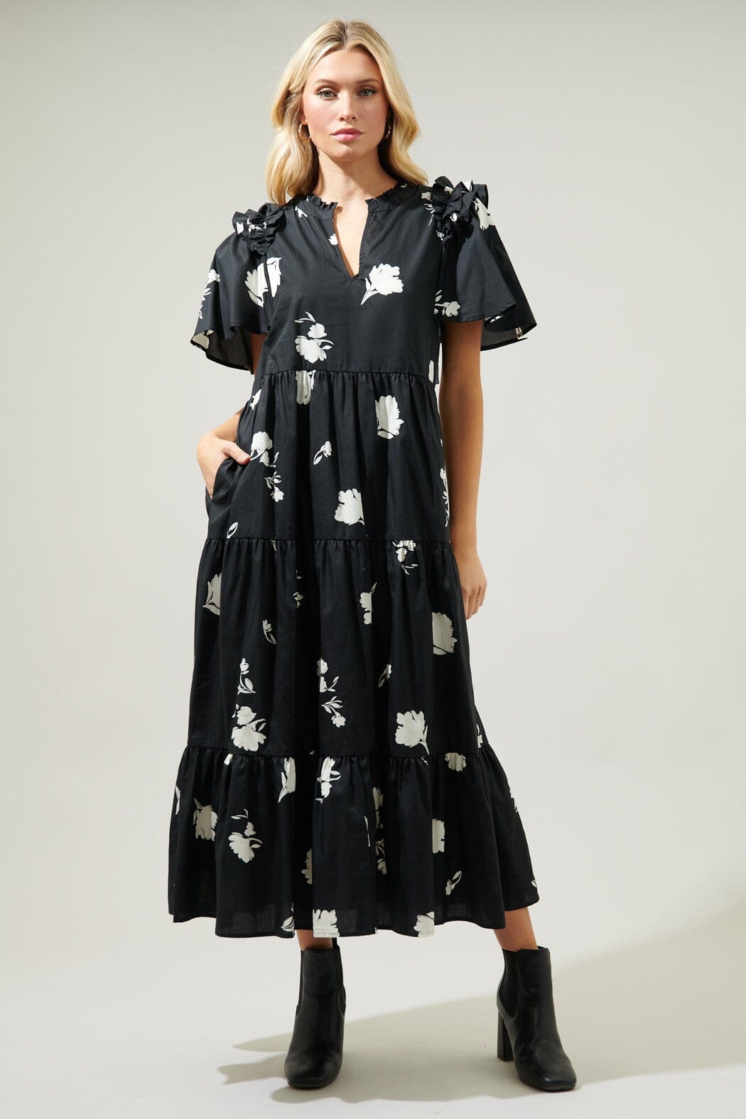 Fleur Noir Escondido Tiered Shift Midi Dress Sugarlips