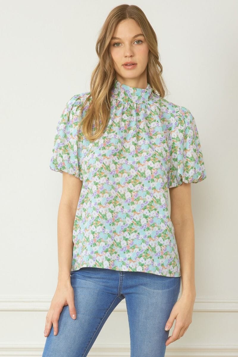 Floral Bow Back Puff Sleeve Top entro