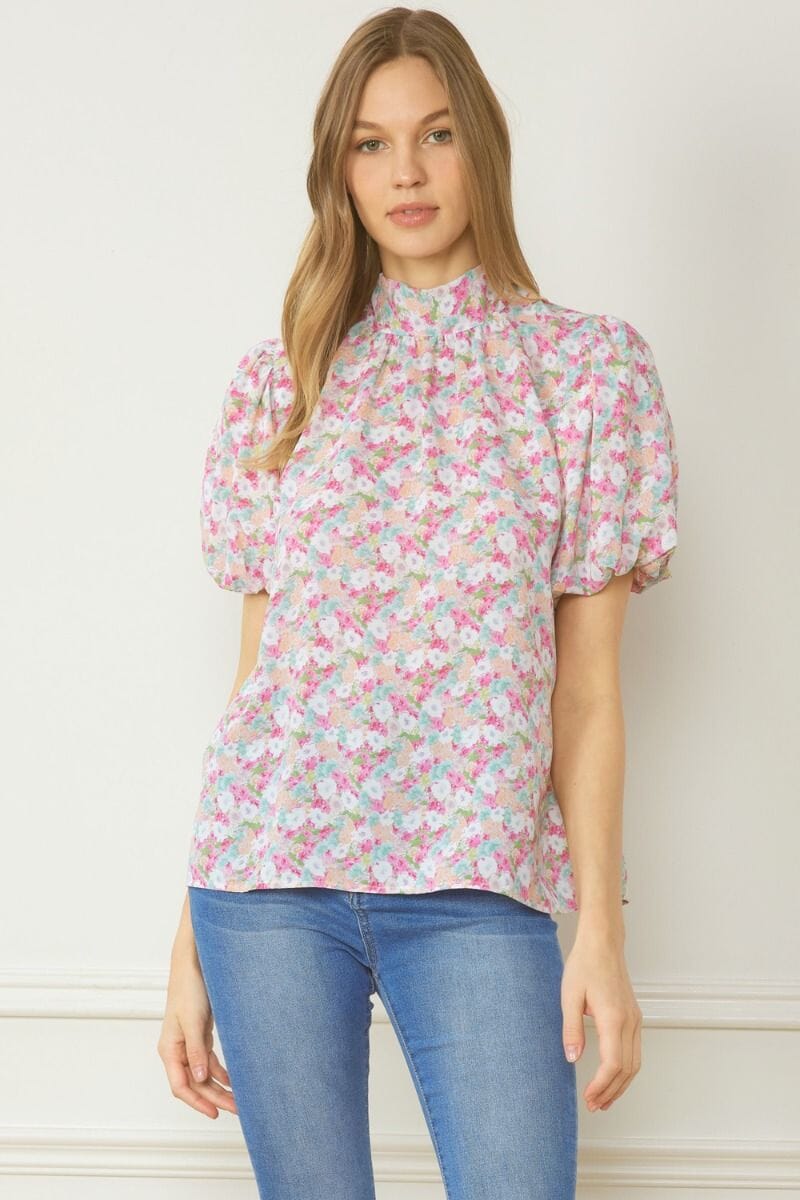 Floral Bow Back Puff Sleeve Top entro