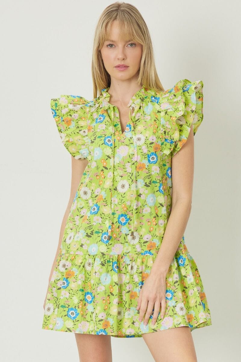 Floral Double Flutter Dress entro small Chartreuse