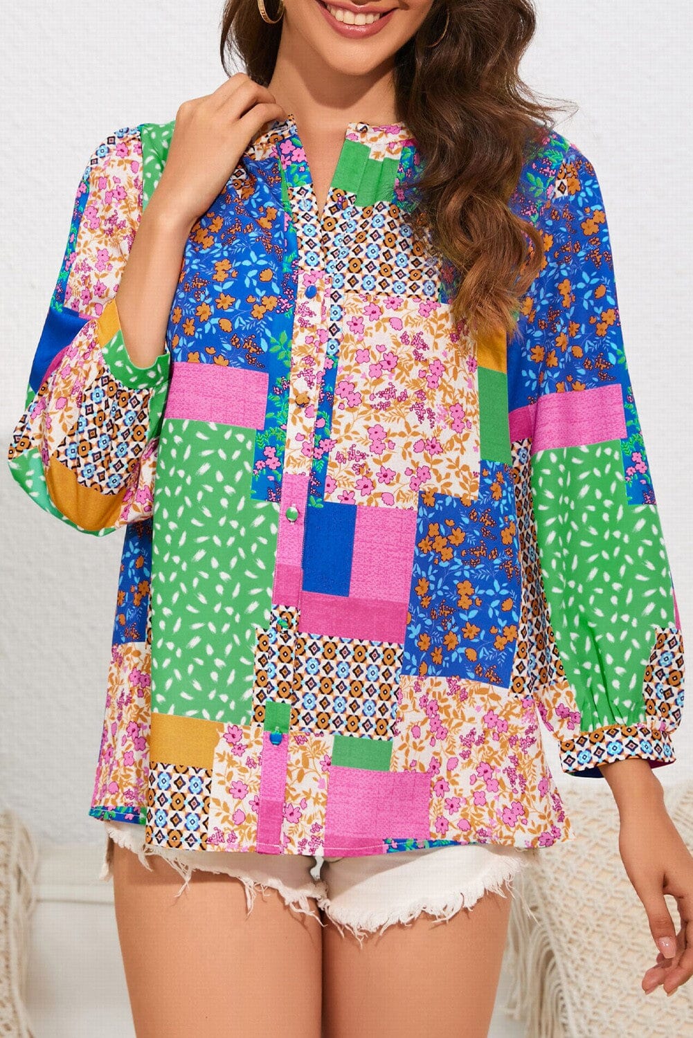 Floral Patchwork Print Buttoned Puff Sleeve Shirt Shewin