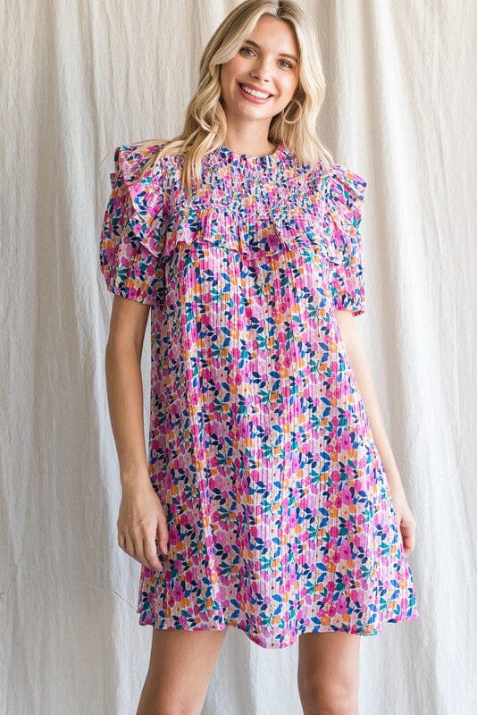 Floral Print Pleated Frill-Shoulder Dress Jodifl