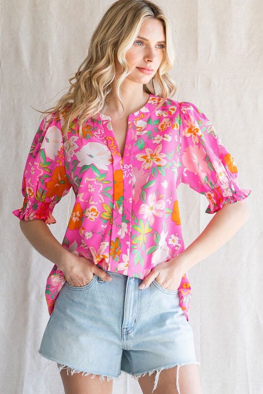 Floral Print Puff Sleeve Smock Blouse Jodifl