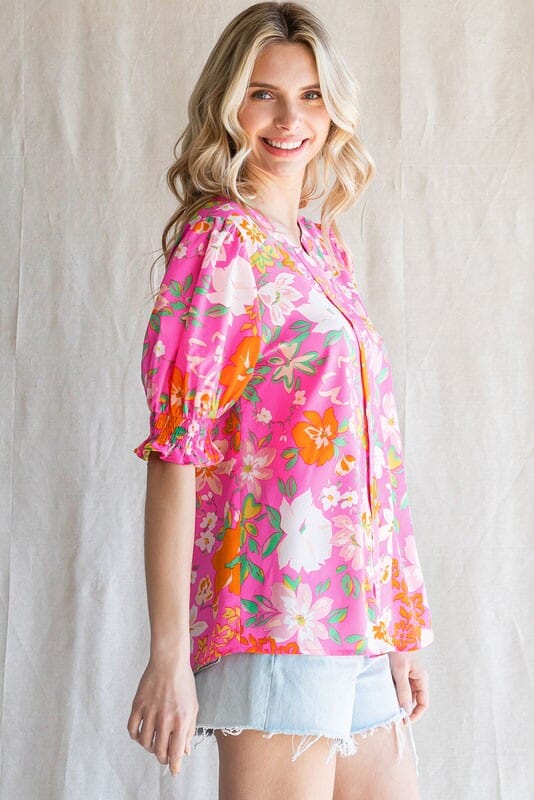 Floral Print Puff Sleeve Smock Blouse Jodifl