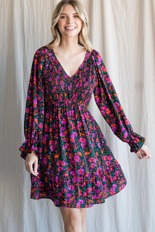 Floral Smocked Bodice Dress Jodifl