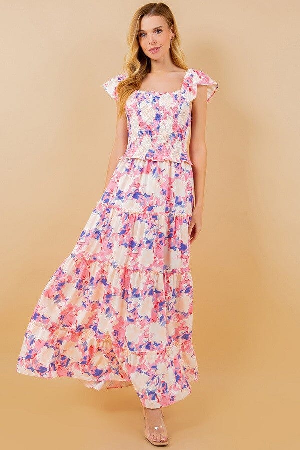 Floral Smocked Flutter Sleeve Midi Sundayup