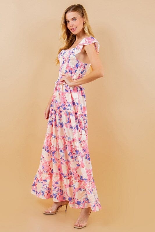 Floral Smocked Flutter Sleeve Midi Sundayup