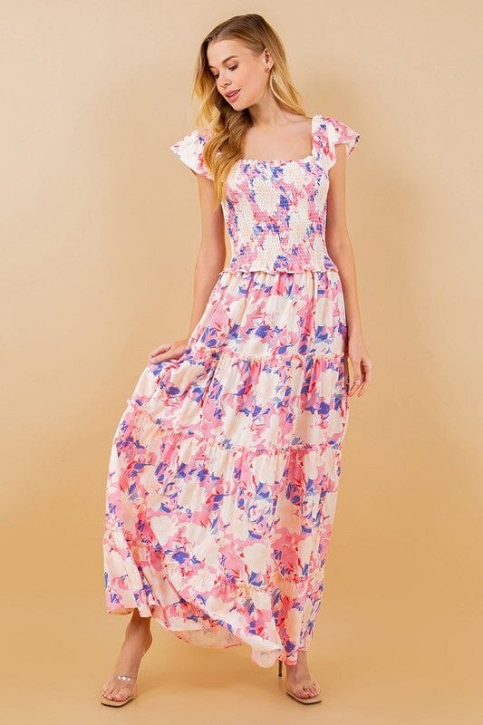 Floral Smocked Flutter Sleeve Midi Sundayup