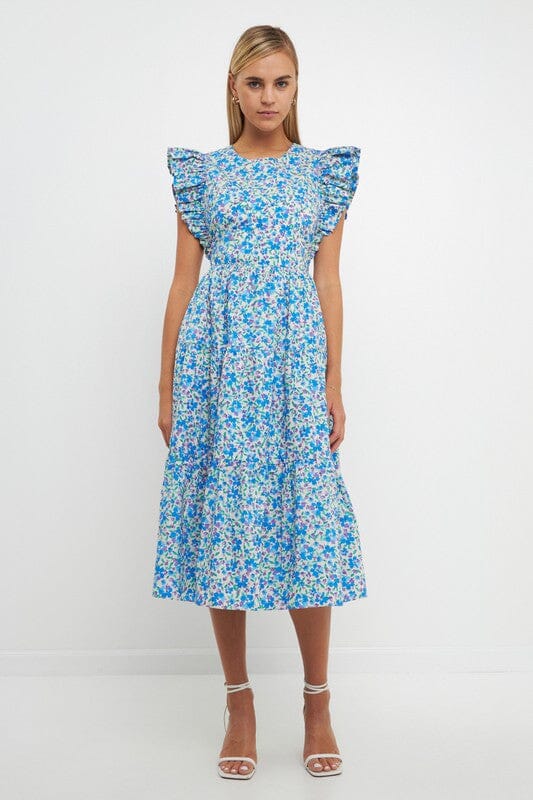 Floral Statement Sleeve Dress with Back Cutout English Factory