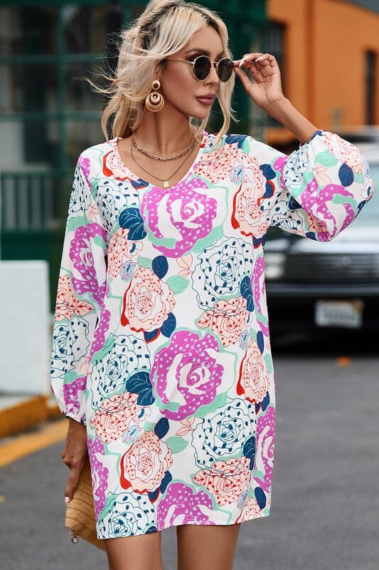 Fun Fall Floral Bubble Sleeve Dress Kentce