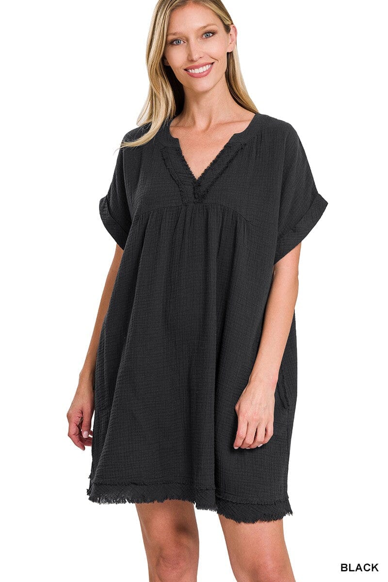 Gauze Roll Sleeve Dress zenana
