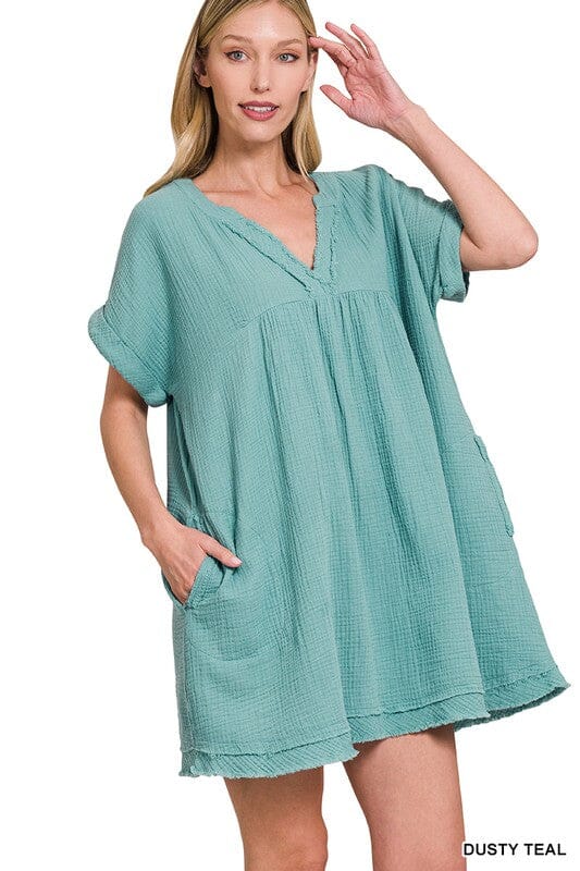 Gauze Roll Sleeve Dress zenana