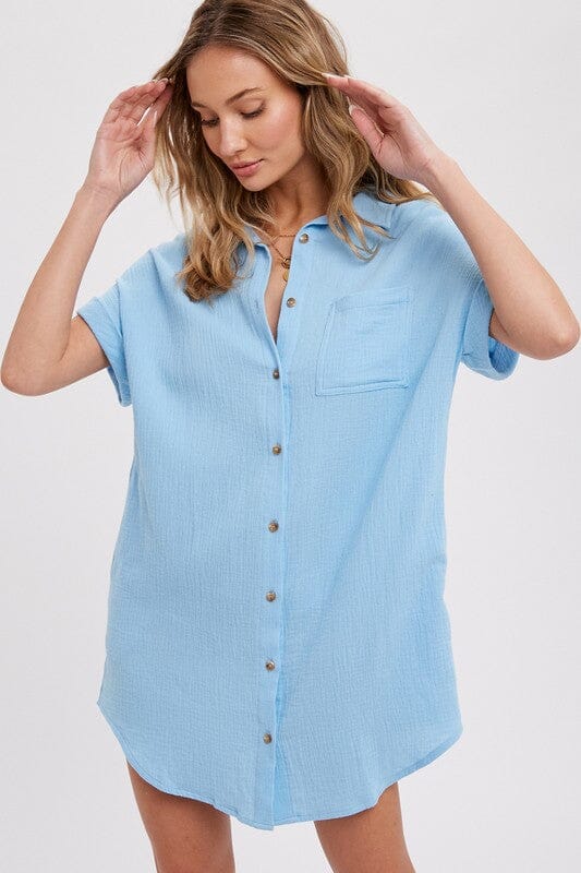Gauzy Button Up Dress with Pocket Bluivy