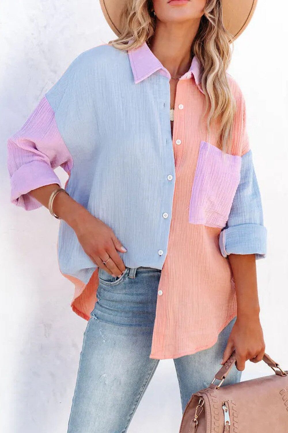 Gauzy Color block Button Down shoppingwill