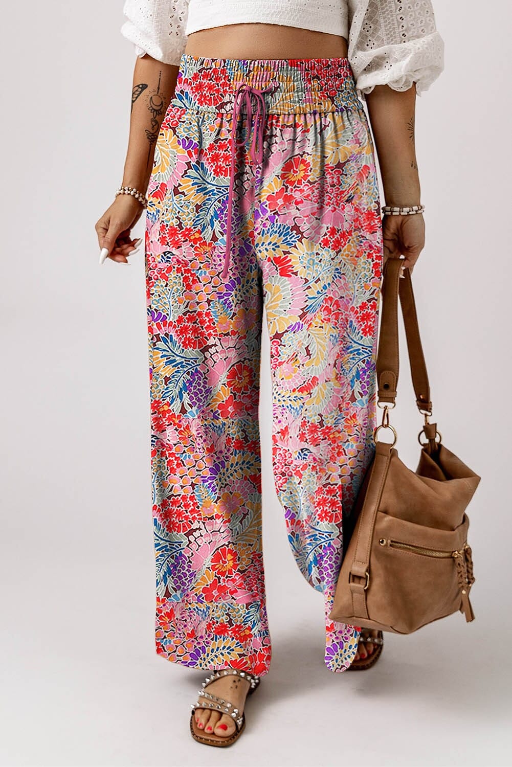 Gorgeous Print Drawstring Smocked Pants Shewin