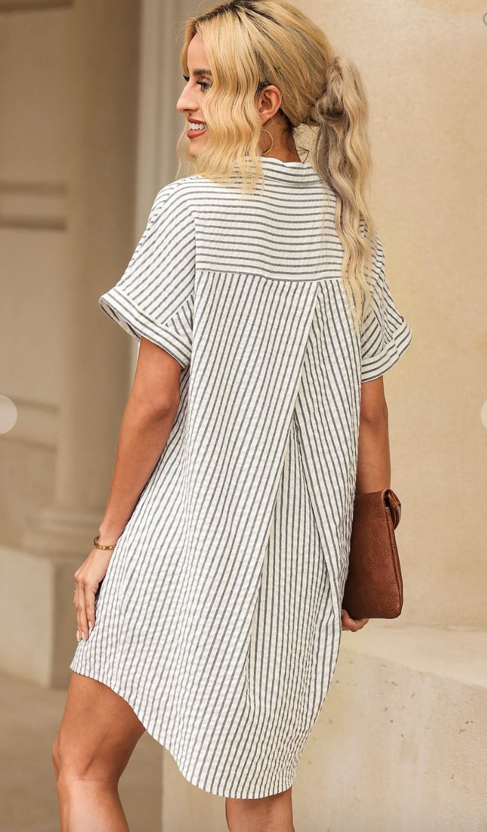 Gray Short Sleeve Striped Shirt Dres Shiying