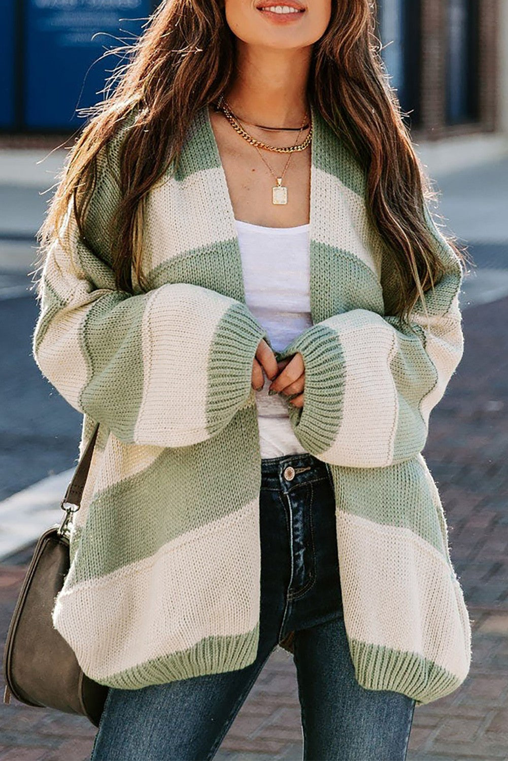 Green Open Front Colorblock Knit Cardigan Kentce