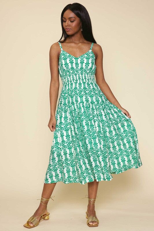 Green Print Smock Waist Dress skies are blue