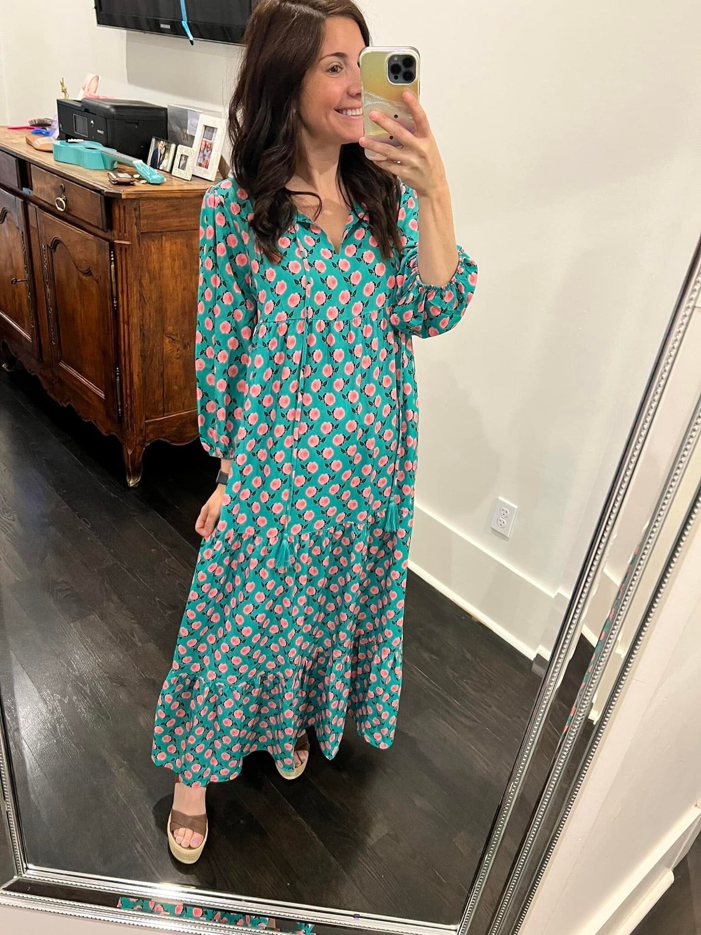 Green Puff Sleeve Printed Maxi cezele