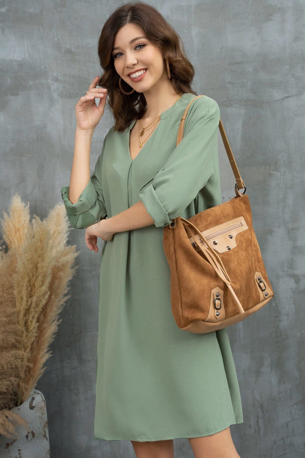 Green Roll-tab Sleeve Flowy Casual Dress Kentce