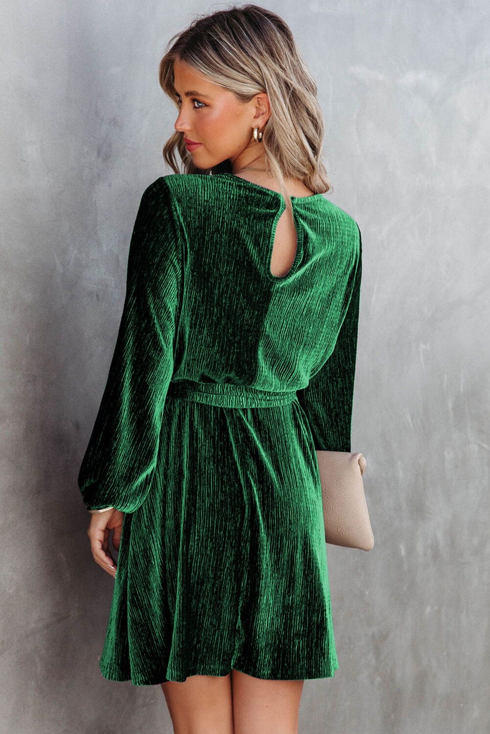 Green Tie Waist Crinkle Velvet Dress sweet lover fashions